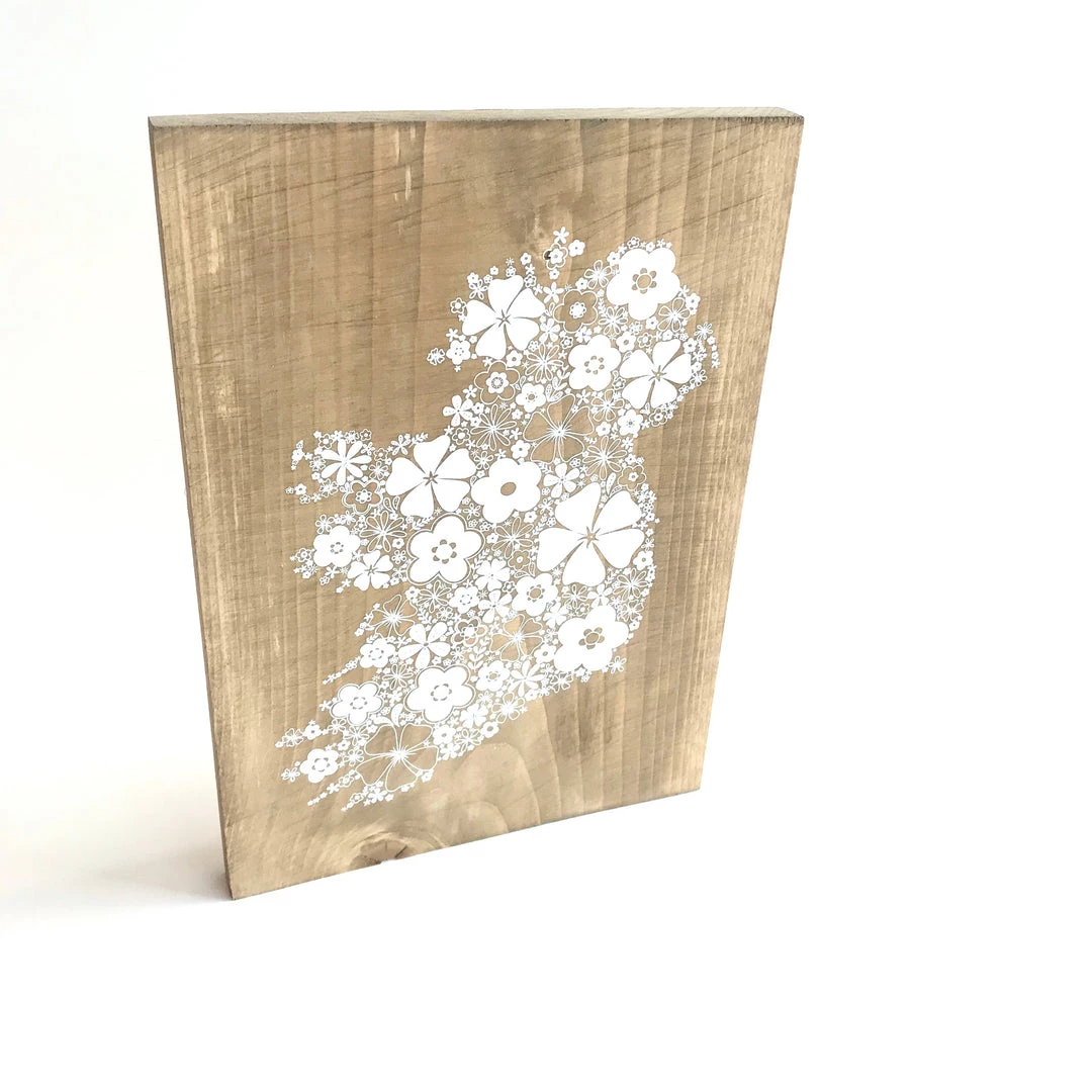 Text Art FLORAL IRELAND MAP - Once Upon A Dandelion - Wood Art Sign - Made In Ireland
