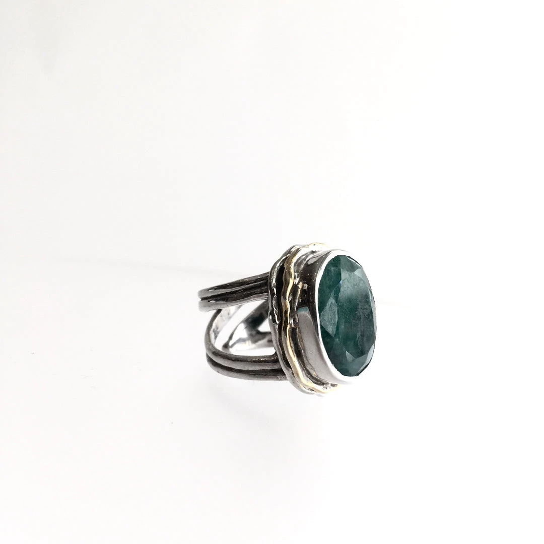 Gallardo & Blaine Rough Cut Emerald Magnolia Ring - Solid Silver With Gold Plate Rings