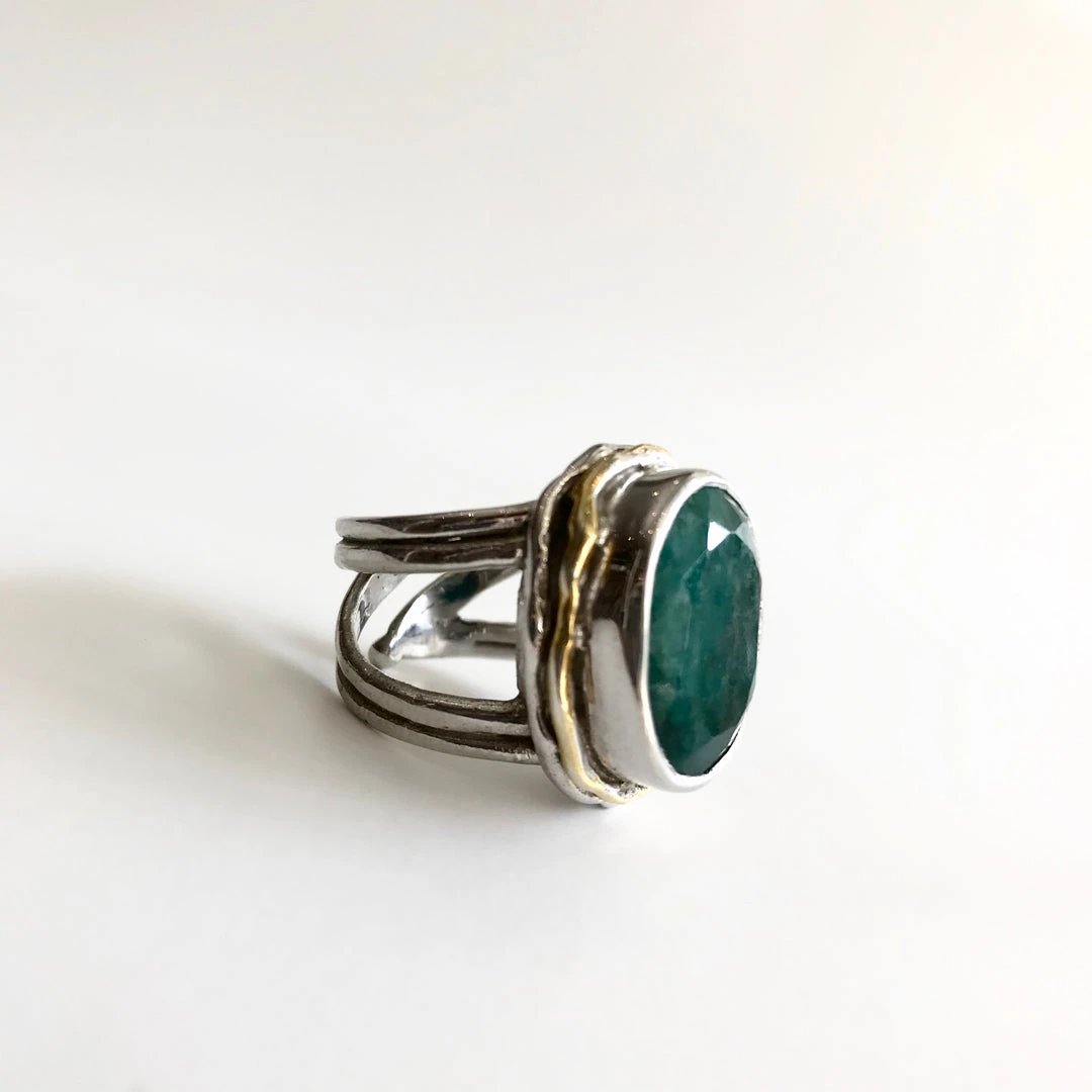 Gallardo & Blaine Rough Cut Emerald Magnolia Ring - Solid Silver With Gold Plate Rings