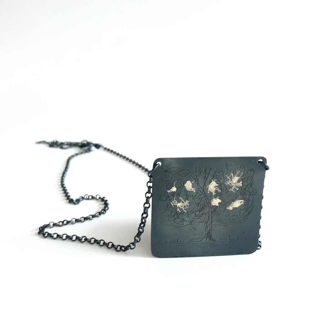 Ghost & Bonesetter Nightwalk Oxidised Silver Gold Etched Tree Pendant Necklace