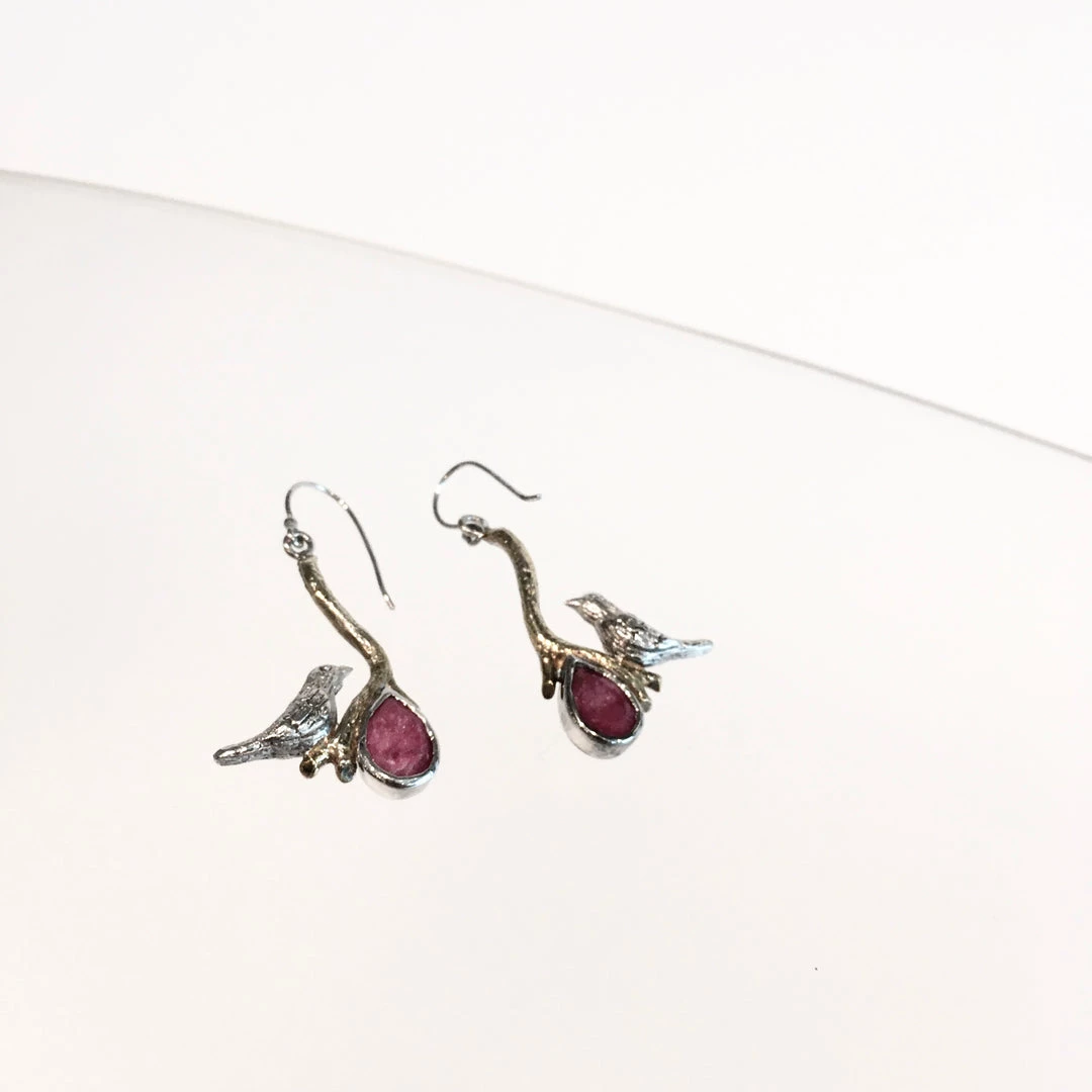 Gallardo & Blaine Ruby Lovebird Earrings - Silver & Gold Plate