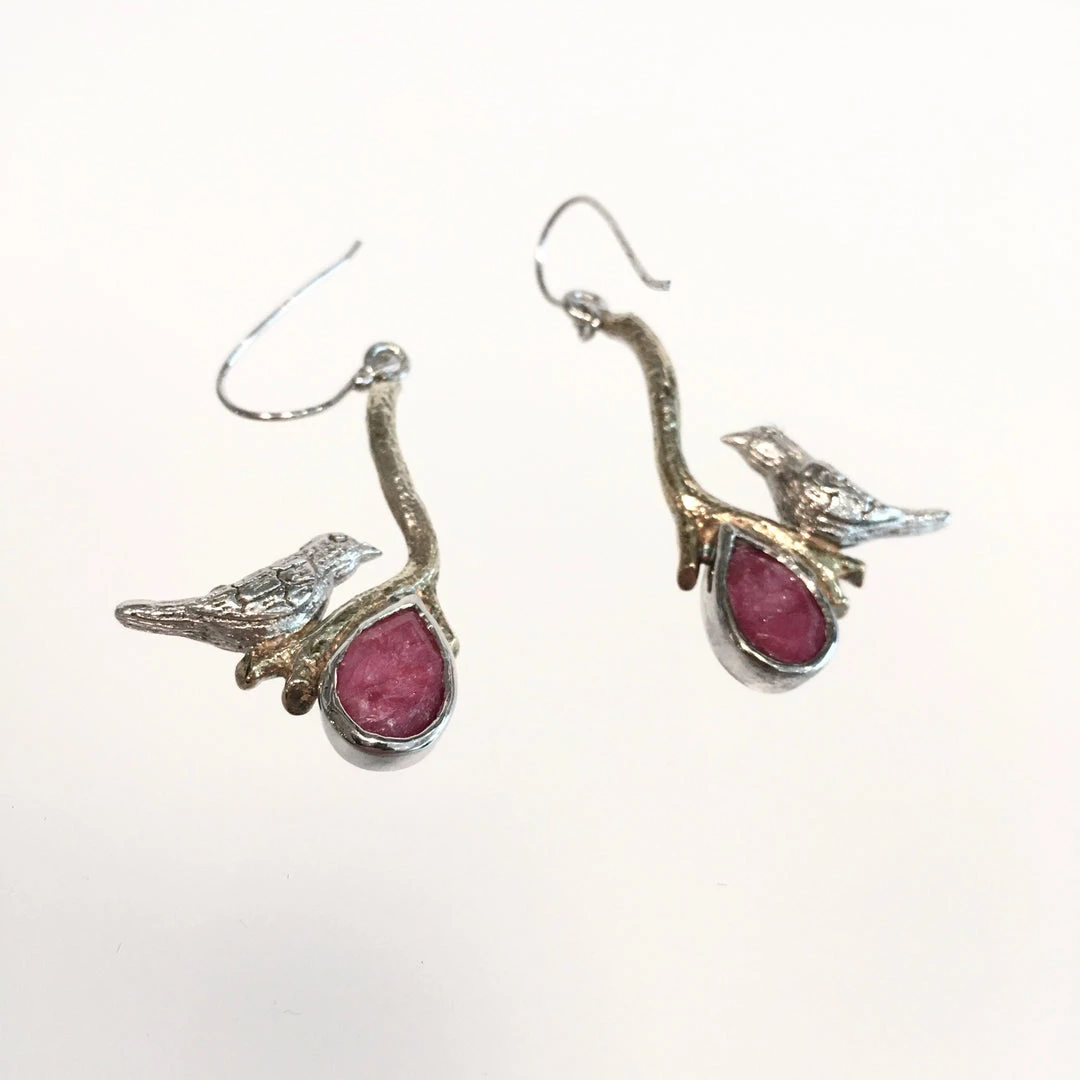 Gallardo & Blaine Ruby Lovebird Earrings - Silver & Gold Plate