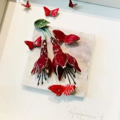 Rebeka Kahn Art Fuchsia With Red Butterflies - Raku Ceramic Art By Rebeka Kahn