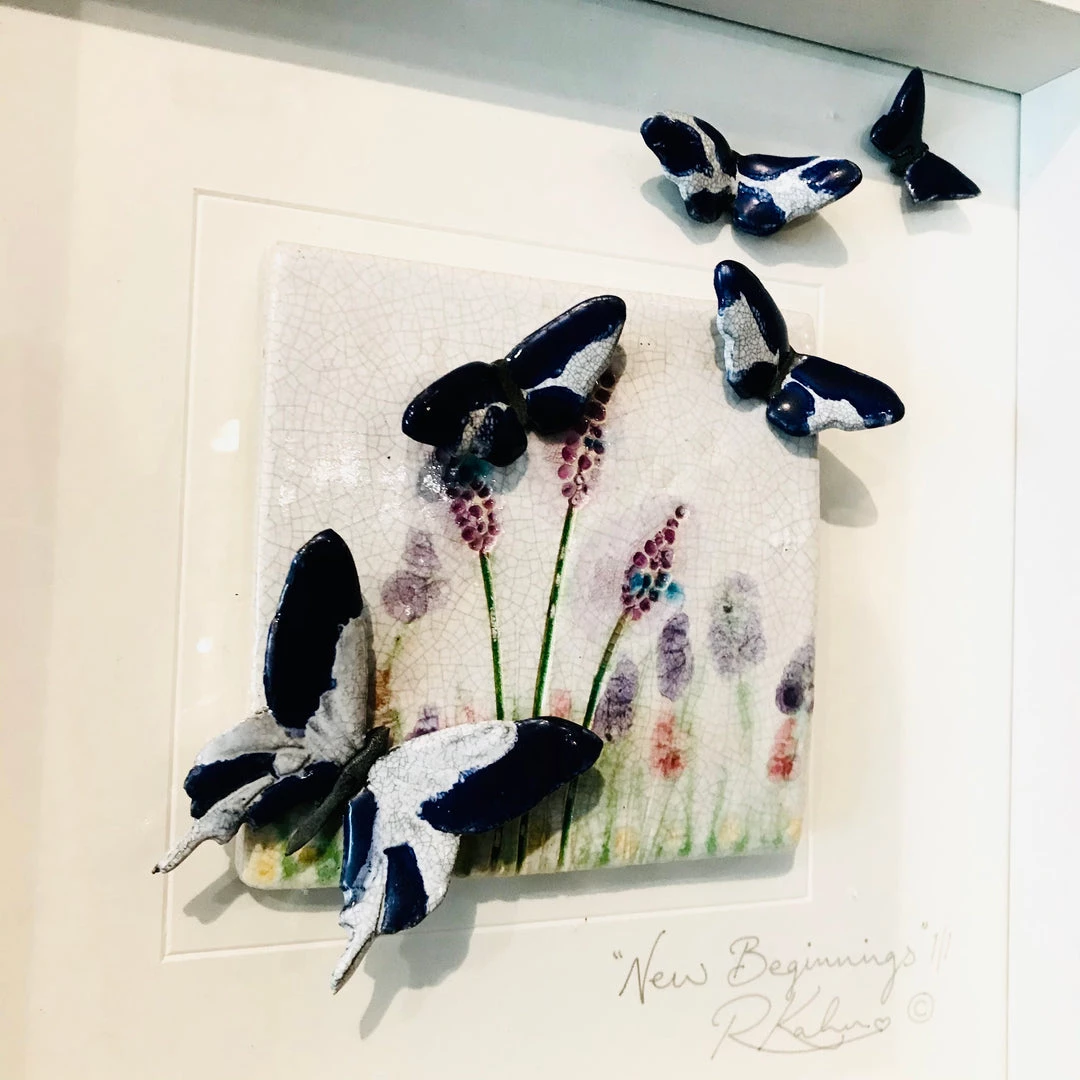 Rebeka Kahn Art Ceramic Wall Art Happiness, Blue Butterfly - Raku Ceramic Art By Rebeka Kahn