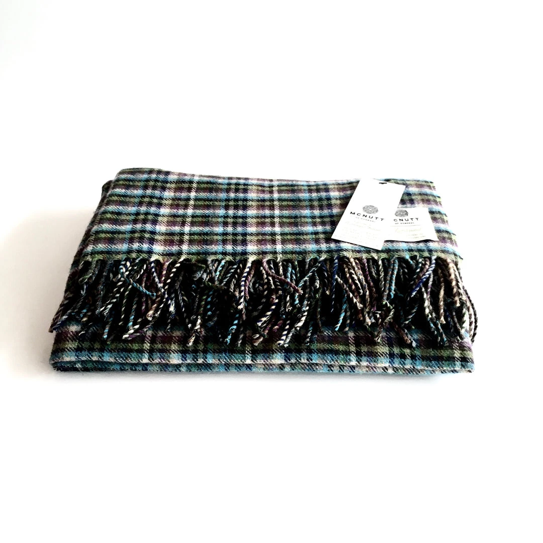 McNutt Green Blue Check Lambswool Throw - Handmade In Donegal Ireland