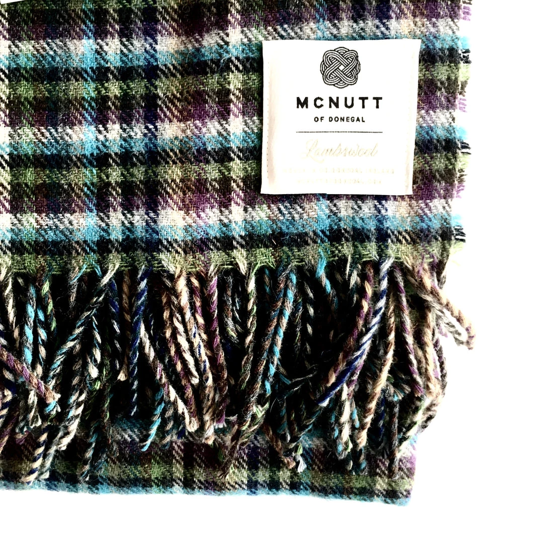 McNutt Green Blue Check Lambswool Throw - Handmade In Donegal Ireland