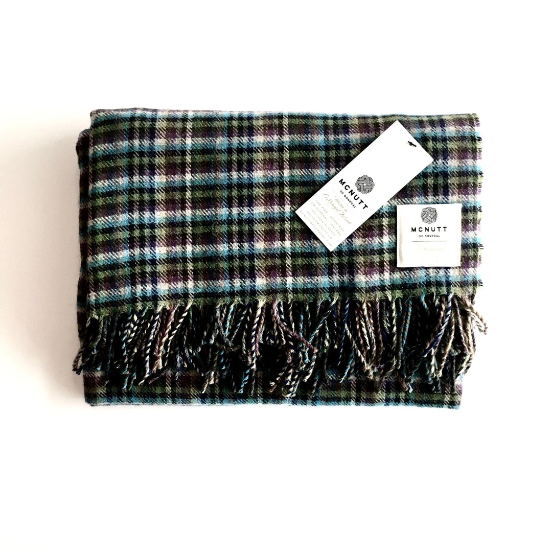 McNutt Green Blue Check Lambswool Throw - Handmade In Donegal Ireland