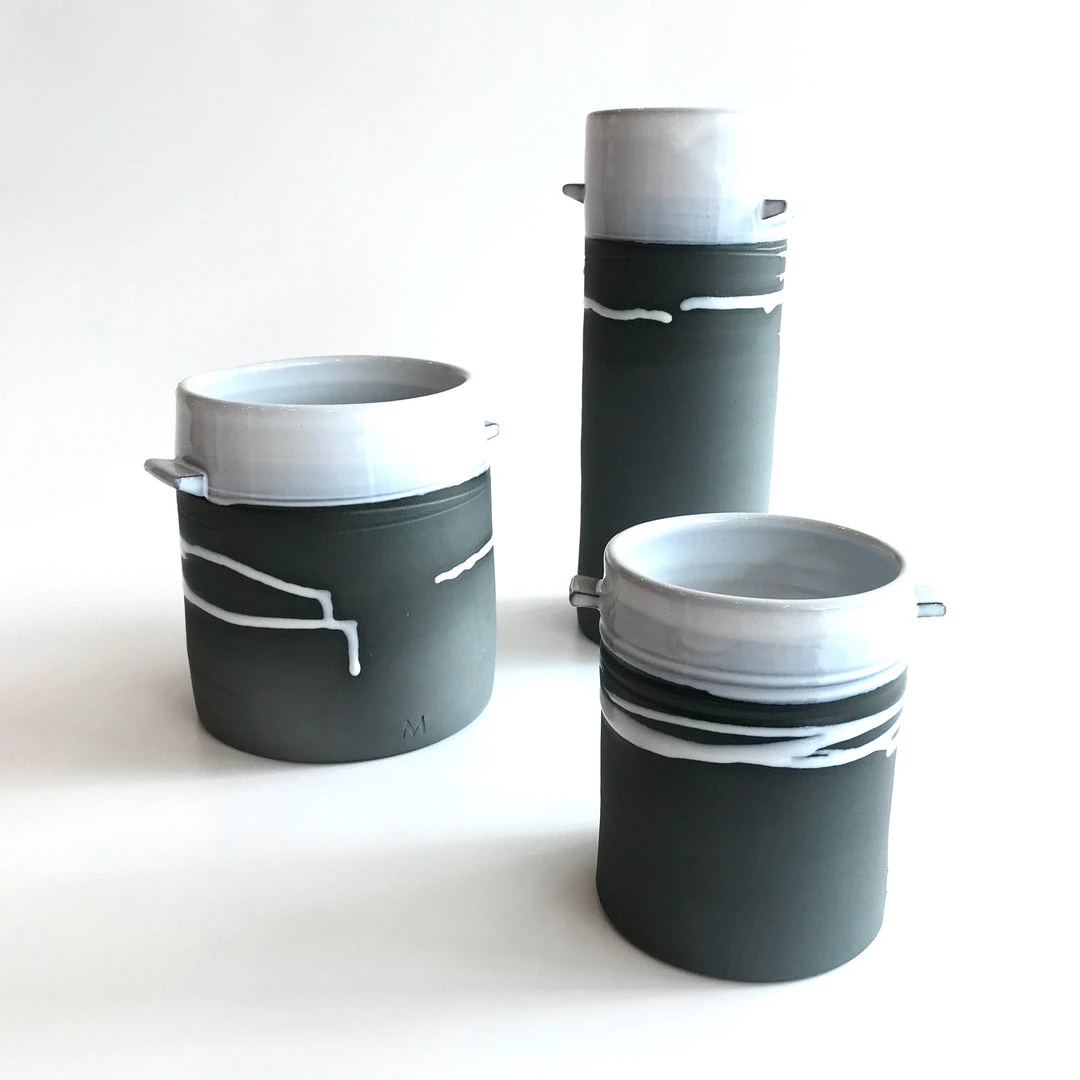 Paul Maloney All Pottery SHORT UTENSIL JAR / VASE - Beautiful Handmade Irish Pottery - Black Stoneware With White Glaze