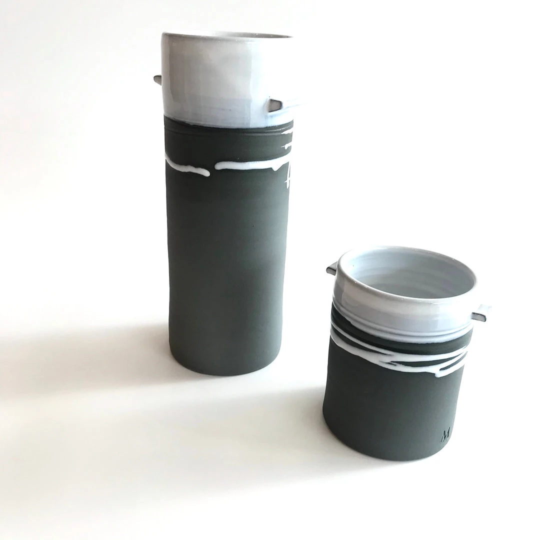 Paul Maloney All Pottery SHORT UTENSIL JAR / VASE - Beautiful Handmade Irish Pottery - Black Stoneware With White Glaze