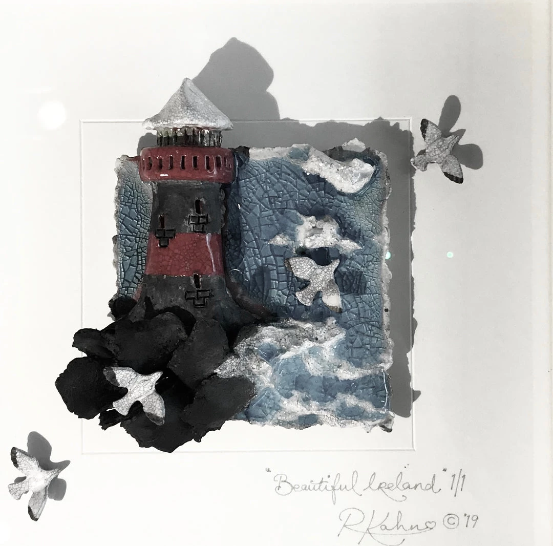 Rebeka Kahn Art BEAUTIFUL IRELAND - Lighthouse - Raku Ceramic Art By Rebeka Kahn Ceramic Wall Art