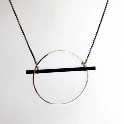 Scribble And Stone Necklaces GOLD HOOP & BLACK BAR Pendant Necklace - Gold Plated Hand Made In Ireland