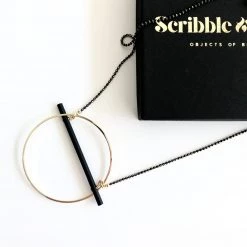 Scribble And Stone Necklaces GOLD HOOP & BLACK BAR Pendant Necklace - Gold Plated Hand Made In Ireland