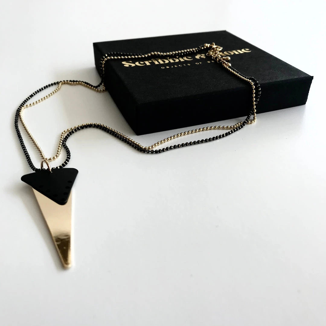 Scribble And Stone LAYERED TWO CHAIN BLACK & GOLD TRIANGLE Necklace - Gold Plated Hand Made In Ireland