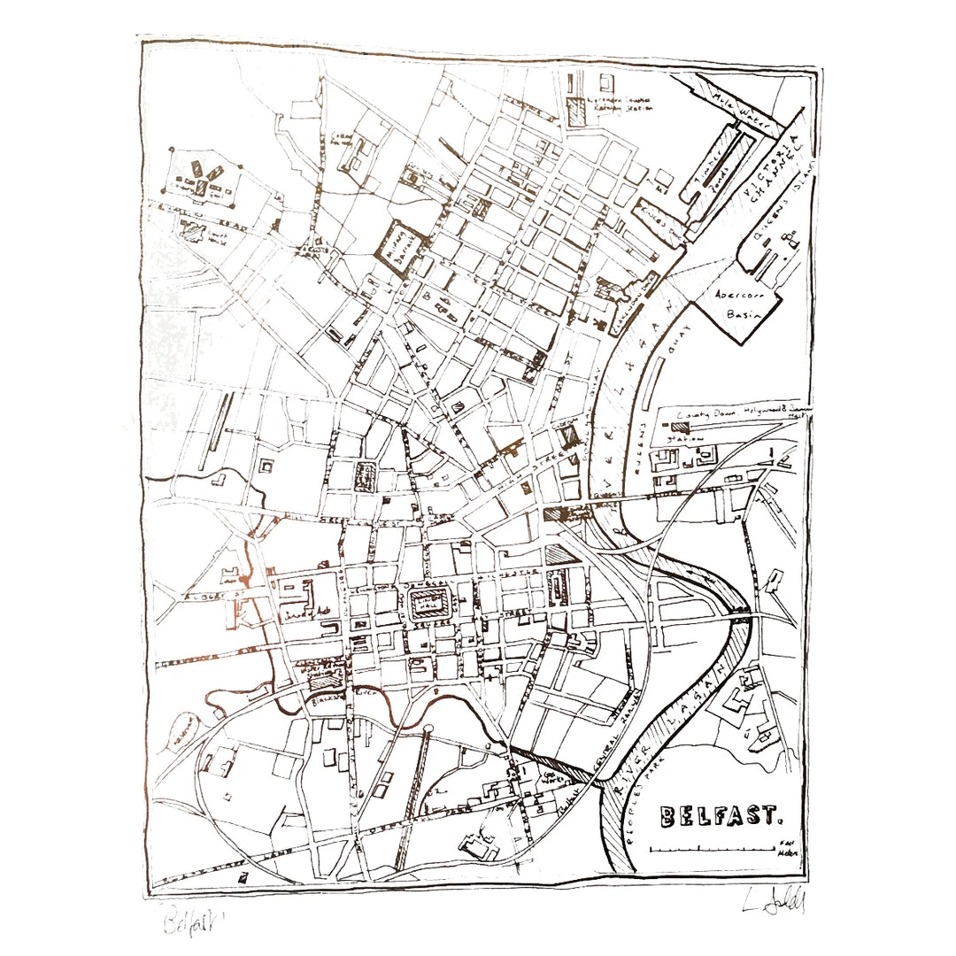 White Chalk Studio Contemporary BELFAST MAP - Stunning Metallic Art