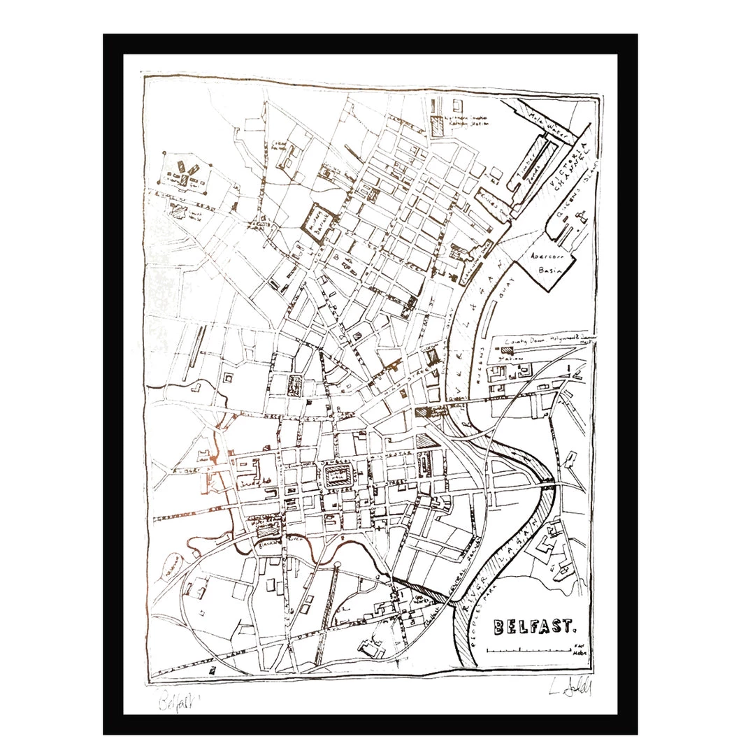 White Chalk Studio Contemporary BELFAST MAP - Stunning Metallic Art